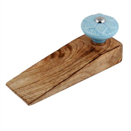 Blue Wheel Flower Ceramic Wooden Door Stopper